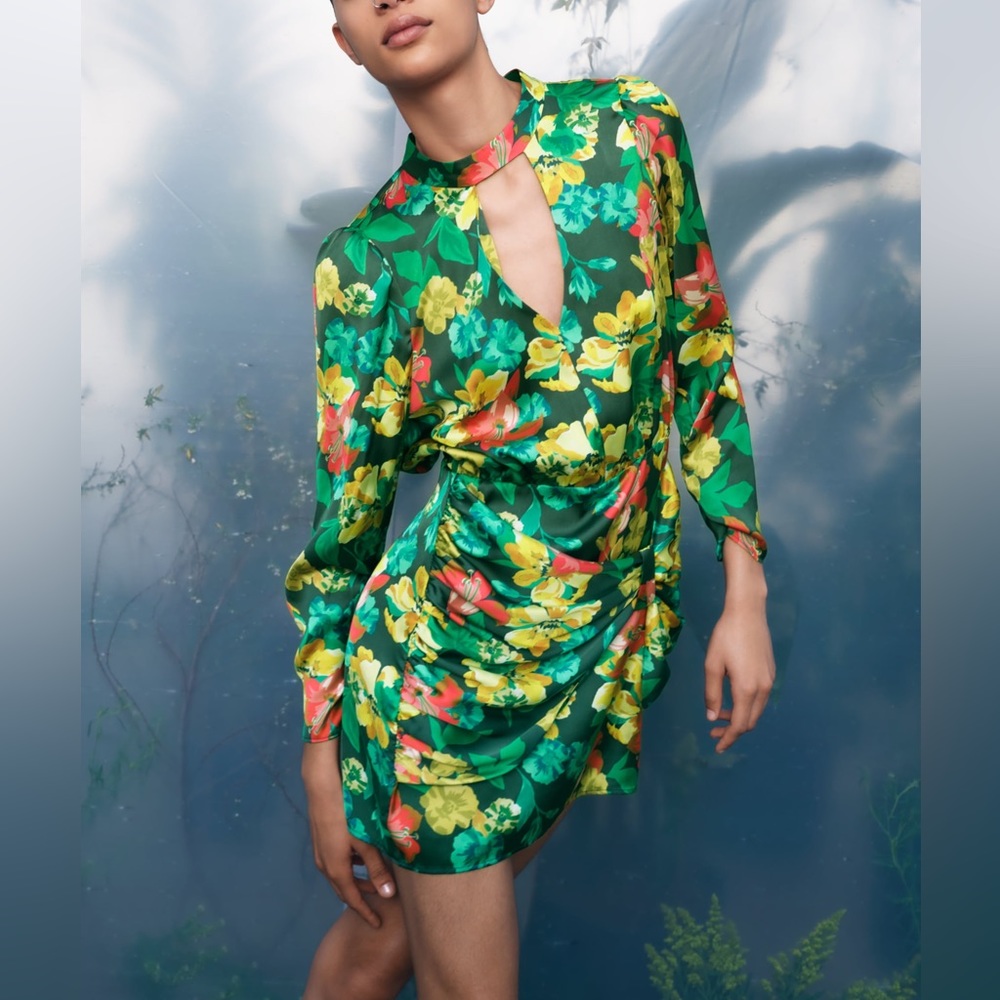 Zara Long Sleeve Floral Satin Mini Dress NWT
